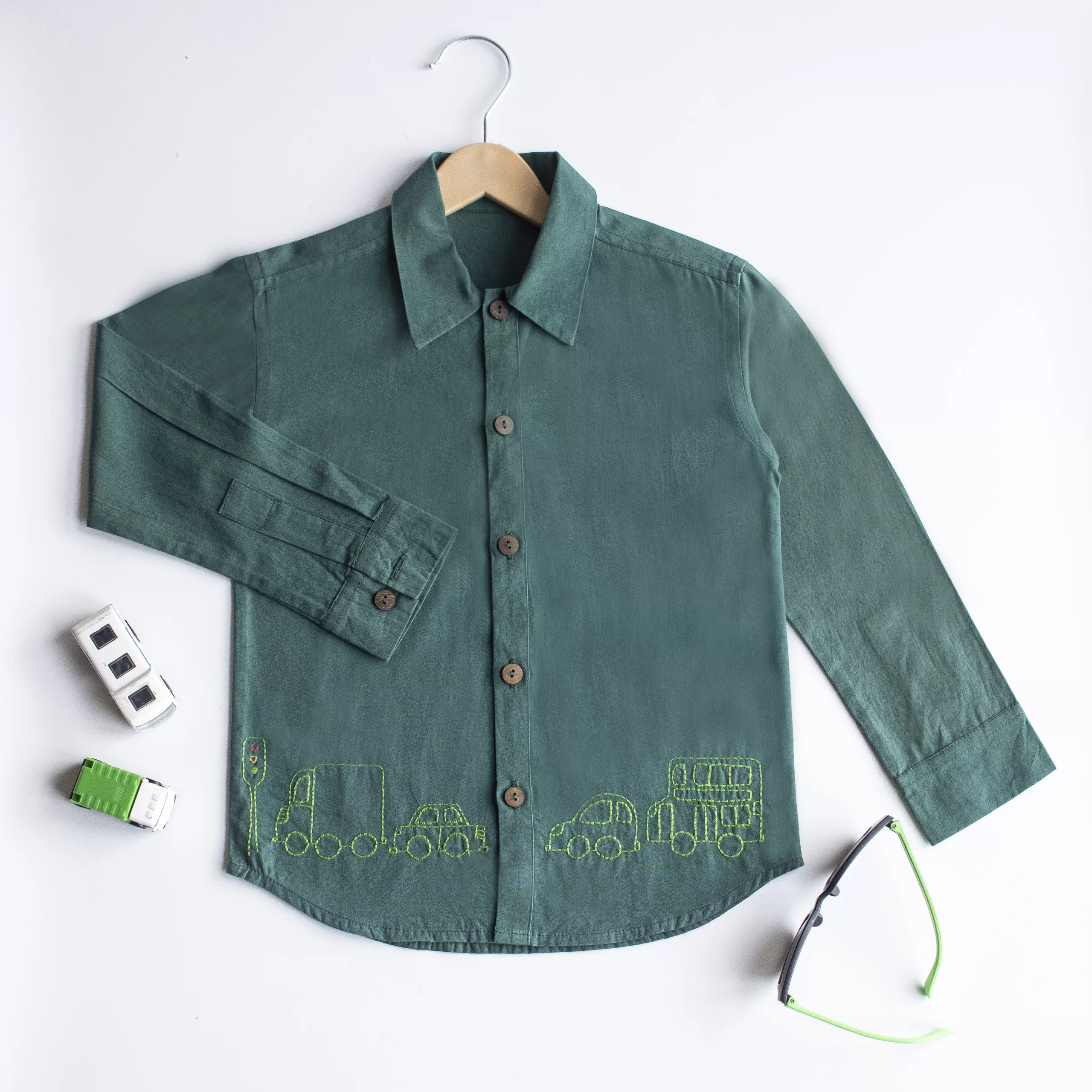 Traffic Embroidered Formal Green Shirt